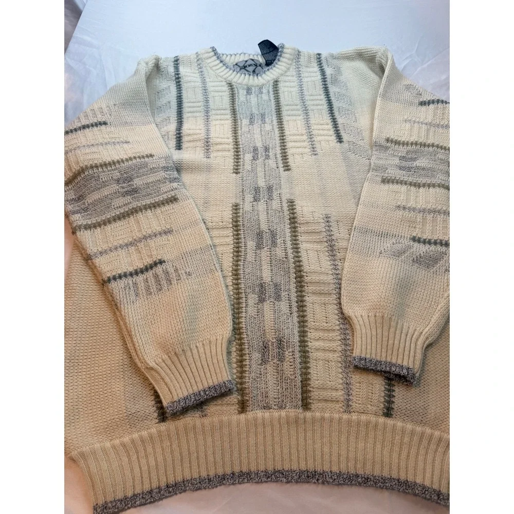 Vintage‎ STATS Sweater Mens M Cream Pattern Knit 90s Textured Pullover